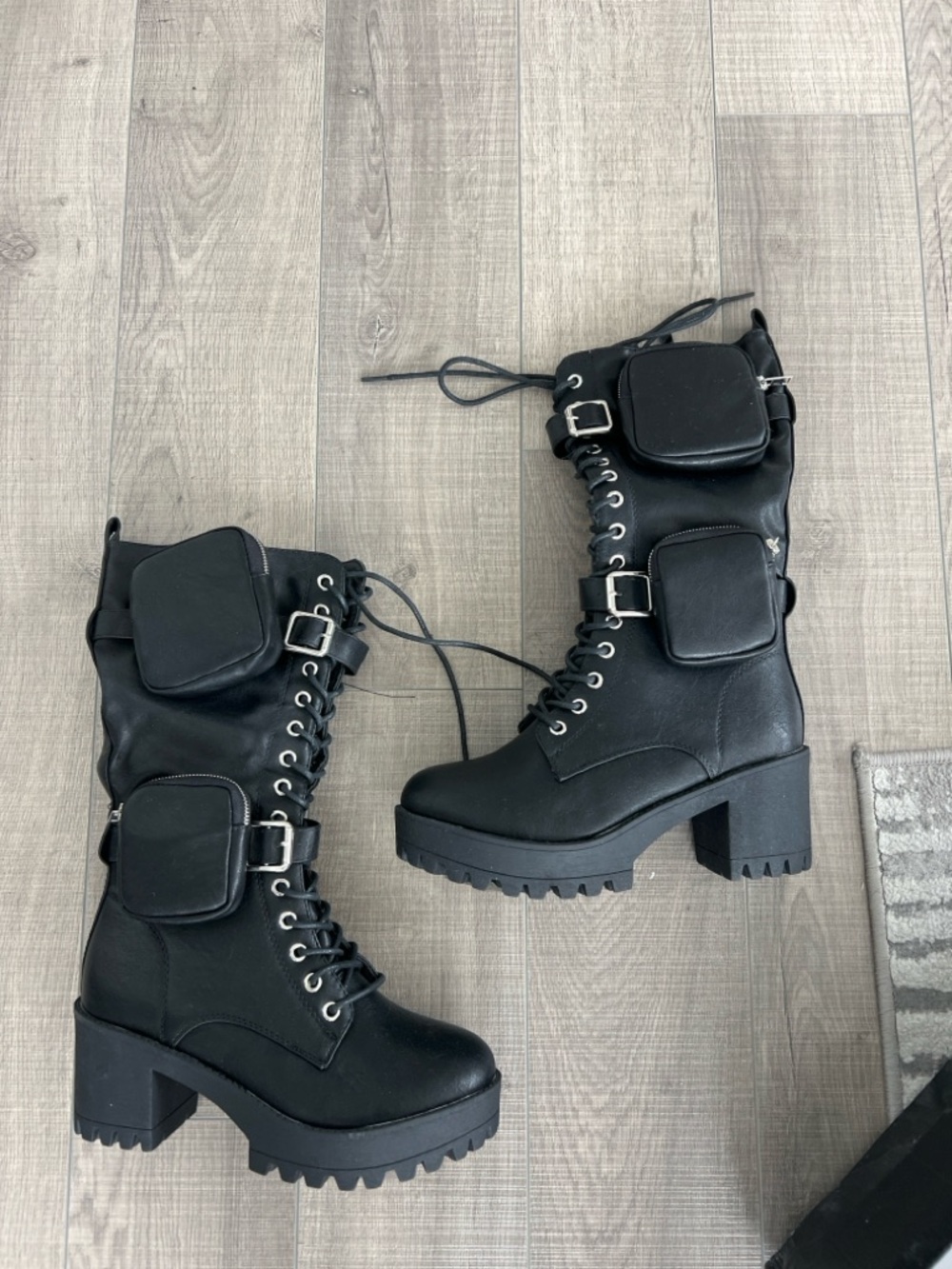 iHeartRaves Black Lace-Up Lug Heel Combat Boots with Dual Removable Pouches